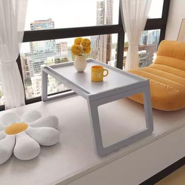 Imagem de Pequena mesa de chão japonesa de plástico, mesa de centro dobrável sem necessidade de montagem para a janela flutuante tatami sala de chá varanda ao ar livre (cor: cinza, tamanho: 68 * 36 * 27 cm