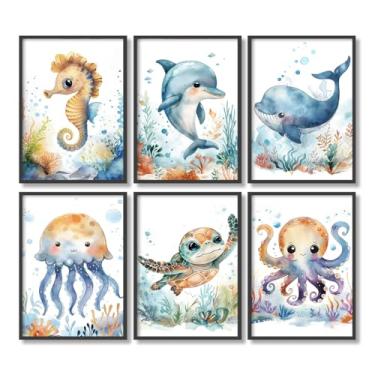 Imagem de Impressão de berçário de animais oceânicos desenho animado tartaruga marinha baleia pôster aquarela animais marinhos pintura em tela decoração de parede quarto infantil (SKU7-6PCS, 12 x 18 polegadas =