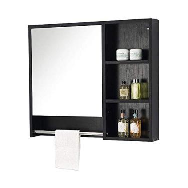 Imagem de Armário de parede com espelho de madeira maciça armário nórdico à prova d'água montado na parede armário de banheiro com espelho de armazenamento de prateleira