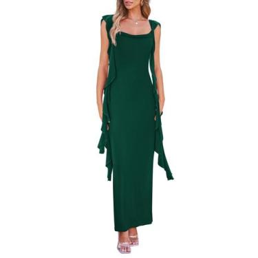 Imagem de Vestido PRETTYGARDEN 2025 Maxi Sem Manga com Babados Verde Escuro P