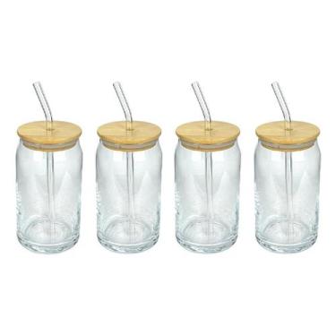 Imagem de Kit 4 Copos Formato Lata 500ml com Tampa de Bambu e Canudo de Vidro  I