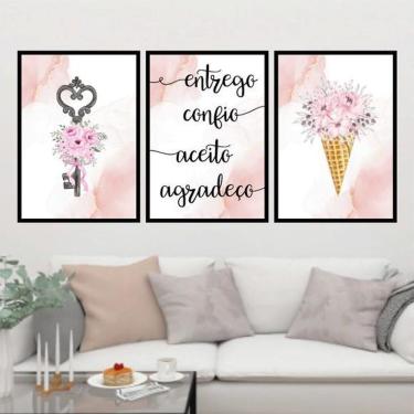 Imagem de Kit 3 Quadros Entrego Aceito Confio Agradeço 60X40Cm Preta