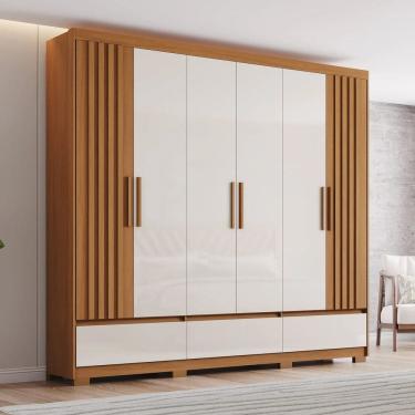 Imagem de Guarda-roupa Casal 06 Portas com Detalhe Ripado 03 Gavetas Externas Kaian Cinamomo/Off White