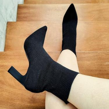 Imagem de Bota Meia Rafel  Knit Salto alto Bico fino - HOLA, Preto,  38