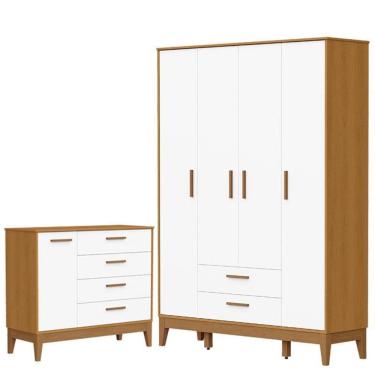 Imagem de Guarda Roupa Infantil Flip 4 Portas com Cômoda Sapateira Infantil Flip Branco Acetinado Savana - Reller