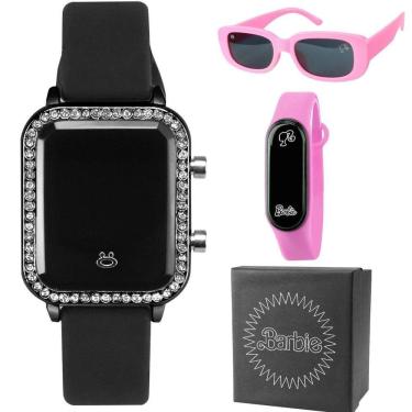 Imagem de Kit Relógio Infantil Feminino Barbie Digital com Pulseira em Silicone com Strass e Óculos Preto