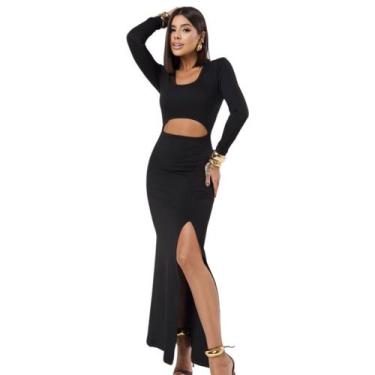 Imagem de Vestido Feminino Fenda Canelado Lateral Anarruga manga longa - Sunmmer