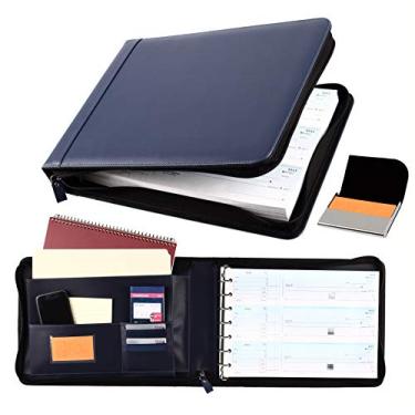 Imagem de 2Fold Livro de cheques de negócios com zíper – fichário de 7 anéis para cheques com organizador integrado e estojo de cartão de visita – Portfólio de fichário de couro PU para até 600 cheques 3-Up