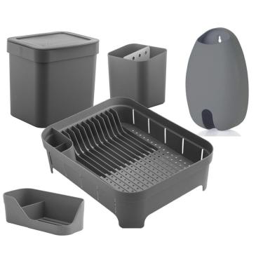 Imagem de Kit Cozinha Escorredor Louças Talheres Lixeira 4,7L Organizador De Pia Porta Sacolas Cinza - Ou