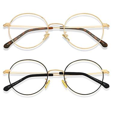 Imagem de Cyxus Óculos redondos com luz azul para homens e mulheres, bloqueio UV, óculos de computador, lentes transparentes, ultraleves de metal, 14 - Preto e dourado, M