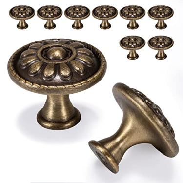 Imagem de Fecraf Pacote com 10 puxadores de armário de latão antigo, puxadores de gaveta de cozinha de bronze retrô, puxadores de cômoda redondos sólidos para mesa-de-cabeceira, ferragens de armário de furo único para móveis recuperados, diâmetro - 3 cm