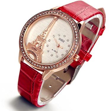 Imagem de Relógio feminino com strass e mostrador de quartzo, pulseira analógica, bracelete de pulso com pulseira de couro macio, relógio de amizade para casamento, aniversário, dia dos namorados, Vermelho