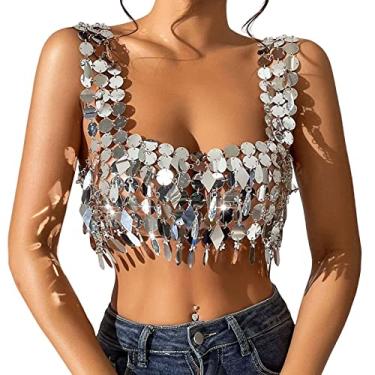 Imagem de Top cropped com lantejoulas Sutiã glitter midriff descoberto sem espartilho Camisola Top cropped halter para festival, Forma Quadrilátera