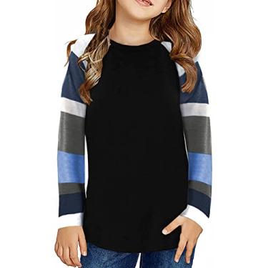 Imagem de Camisetas casuais femininas de manga comprida com blocos de cores listradas, camisetas casuais com bolsos, túnica solta de gola redonda, Preto, 12-13 Anos