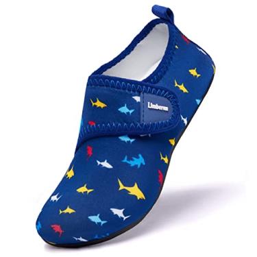 Imagem de Limberun Sapatos aquáticos para meninos e meninas, sapatos esportivos aquáticos, secagem rápida, descalço, leve, piscina, praia, meias antiderrapantes para sapatos infantis, tubarão-azul, 1-1.5 Big Kid