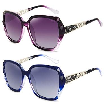 Imagem de LECKIRUT Óculos de sol grandes para mulheres, lentes polarizadas com proteção UV clássica, armação preta, lentes cinza, Lente roxa com armação roxa H2 2 peças + armação azul lente cinza, One Size