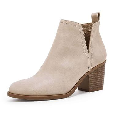 Imagem de Coutgo Botas femininas recortadas no tornozelo, salto grosso, bico amêndoa, sem cadarço, botas ocidentais, Caqui, 35