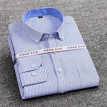 Imagem de Camisa masculina listrada xadrez Oxford manga longa confortável gola respirável botão design slim fit vestido masculino Y-5 listra azul, 44-5GG