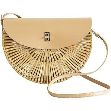 Imagem de RULER TRUTH Bolsa de bambu redonda feita à mão, bolsa de ombro natural com alças de couro, bolsa feminina de palha feita à mão, Marrom claro, Large