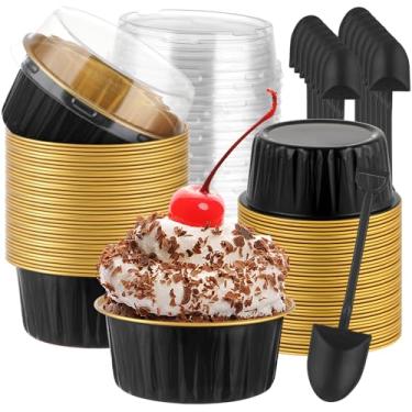 Imagem de ylnurac Pacote com 200 mini formas de bolo com tampas, latas descartáveis para muffins com tampas, recipientes de cupcake de alumínio, copos de sobremesa de 142 g com tampas, para vendas de
