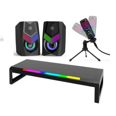Imagem de Kit Gamer Suporte Iluminado para Monitor, Microfone Streamer de Mesa E Cxa Som Estéreo Dhe-6000 Rgb, 6w 