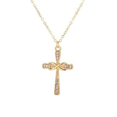 Imagem de coadipress Colar feminino banhado a ouro 14 K com cruz de zircônia cúbica com pingente de fé e cruz delicada, colar de crucifixo moderno, colar religioso, fé cristã, joia, Banhado a ouro 14K, Zircônia