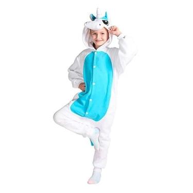 Imagem de Fantasia Pijama Macacão de Unicórnio Kigurumi Infantil Branco e Azul Com Capuz PP - 2
