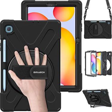 Imagem de BRAECN Capa para Samsung Galaxy Tab S6 Lite de 10,4 polegadas 2024/2022, capa resistente à prova de choque com alça de mão giratória 360 e suporte, alça de ombro, suporte para caneta S para tablet
