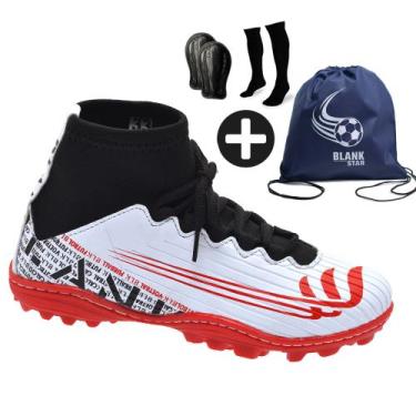 Imagem de Kit Chuteira Society Botinha Blank com Meião, Caneleira e Mochila BCVM