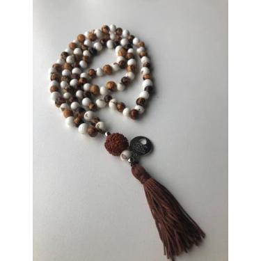 Imagem de Japamala 108 contas de açaí branco e raiz 8mm com meru em pedra olho d