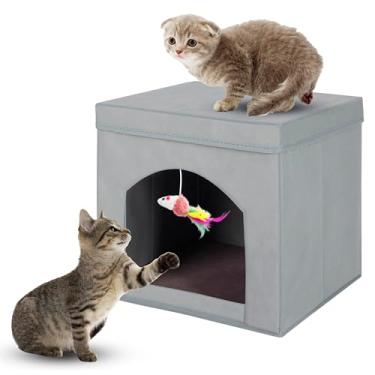 Imagem de ShellKingdom Casa Dobrável para Gatos, Cubo Dobrável para Gatos E Caverna para Gatos com Cama, Banco Colorido para Gatos, Condomínio para Presentes de Gatos Internos, 13 X 13 X 13 Polegadas