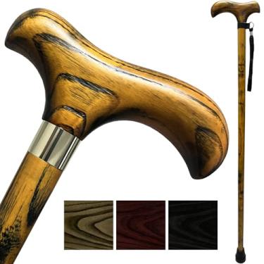 Imagem de Bengalas de caminhada de madeira feitas à mão para homens, carvalho americano, com alça de pulso e pontas de borracha, muleta de madeira leve para idosos - 91 cm (amarelo)