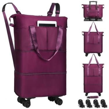 Imagem de VOOWO Bolsa esportiva com rodas – bolsa esportiva dobrável expansível com rodas para viagem, bolsa de transporte com rodas, mochila grande com rodinhas para homens e mulheres, Roxo escuro, Large