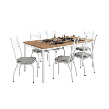 Imagem de Conjunto de Mesa Retangular com Tampo de MDP Amadeirado e 6 Cadeiras Adriana Revestimento Sintético Grafite e Branco