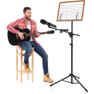 Imagem de ZVMTTOY Suporte de partitura 3 em 1 com suporte para telefone e microfone, madeira marrom, suporte dobrável para livros de mesa, suporte de metal, design ajustável