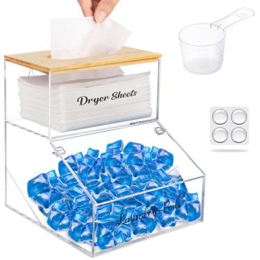 Imagem de Hiitytin Recipiente de cápsulas 2 em 1 e suporte para secadora com tampa de bambu, dispensador de cápsulas de acrílico para lava-louças com etiquetas, recipiente para secadora de roupas, organização e
