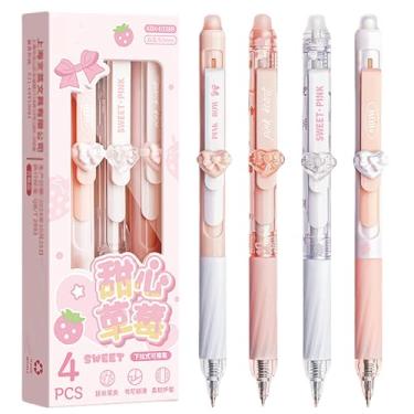 Imagem de MOZXIRZ 4 canetas de gel apagáveis fofas canetas retráteis rosa com desenho animado coração apagável caneta de escrita kawaii de tinta azul de 0,5 mm para mulheres, meninas, meninos, material escolar