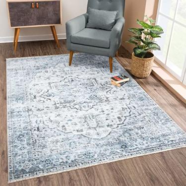 Imagem de Bloom Rugs Tapete lavável antiderrapante 2x3 - Marfim/azul/cinza Tapete oriental tradicional para sala de estar, quarto, sala de jantar e cozinha - Tamanho exato: 5 cm x 7 cm