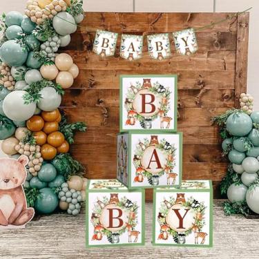 Imagem de Caixas de chá de bebê Woodland blocos de decorações, 4 peças grandes de caixas verdes sálvia com letras para chá de bebê, ideias neutras para decorações de aniversário de meninos e meninas