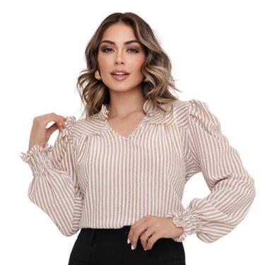 Imagem de Blusa Manga Longa Feminina Listrada Social Gola V Bufante - LOOK MODAS