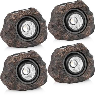 Imagem de VISFLAIR Luzes solares de rocha, pacote com 4 holofotes de LED à prova d'água alimentados por energia solar para jardim ao ar livre, caminho, passarela, quintal, paisagem, pátio