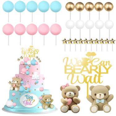 Imagem de SKJIAYEE 33 Peças de Topo de Bolo de Revelação de Gênero de Urso, Decorações de Bolo de Urso Rosa e Azul com Estrelas, Bolas de Pérola, Topo de Bolo We Can Bearly Wait para Chá de (, Azul, Rosa)