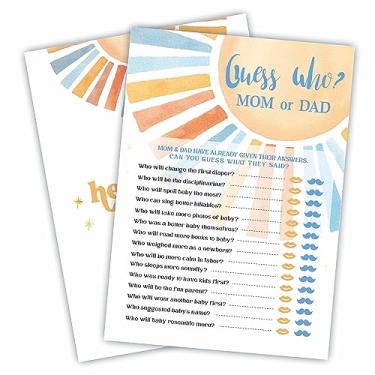 Imagem de Guess Who? Mom Or Dad - Conjunto de jogo de chá de bebê retrô Sunshine - Kit de jogo de chá de bebê com tema aquarela Sunshine, revelação de gênero, lembrancinha de festa de anúncio de bebê e