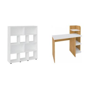 Imagem de Kit 2 Peças Com Escrivaninha Com Nichos E Estante Para Livros 10 Nichos Carvalho-branco