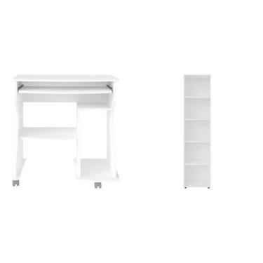 Imagem de Kit 2 Peças Com Escrivaninha Para Computador Cpu E Estante Para Livros 5 Prateleiras Branco