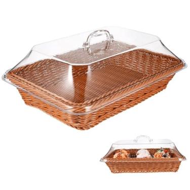 Imagem de Cesta de pão de vime imitação de vime cesta de vime com tampa cestas de pão de tecido retangular para servir cesta de frutas para piquenique de vegetais restaurante cozinha 13,78x2,84 x 4,9 polegadas