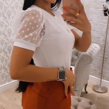 Imagem de Blusa feminina manga curta princesa tule moda - Filó Modas, M, Azul