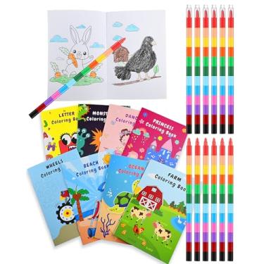 Imagem de Dotbengc Conjunto de livros de colorir infantis com giz de cera empilhável, 8 mini livros de colorir temáticos e 12 giz de cera empilháveis arco-íris para brindes de festa infantil
