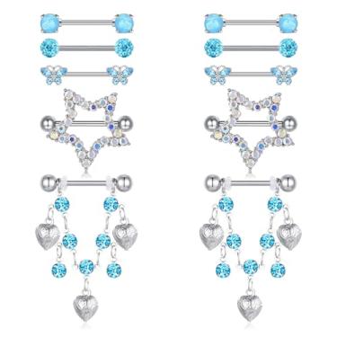 Imagem de AceFun 6 pares de anéis de mamilo de aço inoxidável 14G opala strass estrela pavimentada coração borboleta CZ conjunto de halteres bonitos escudos de mamilos piercing joias para mulheres joias