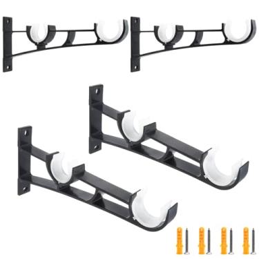 Imagem de Rierdge 4 peças de suportes de varão de cortina dupla resistentes, suporte de varão de cortina de montagem na parede para varão de cerca de 2,5 cm, suporte de varão de cortina resistente com fivela de plástico, liga de alumínio (preto)